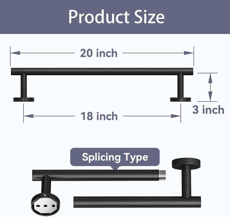 Bubxo Matte Black Towel Bar, 18 Inch Bathroom Towel Rack, Towel Holder Wall Mounted, Thicken SUS304 Stainless Steel Towel Rod Modern Home Decor (Total Length 20-Inch) - Image 2